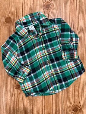 4/$20 Carter's Green Plaid Long Sleeve Button-Up Shirt 100% Cotton 6 Months